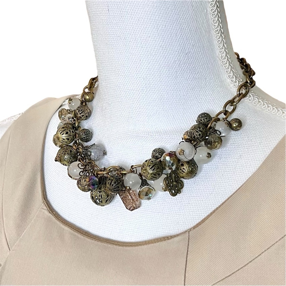 LOFT Chunky Beaded Charm Bronze Chain Link Necklace White Pink 16” + 3” Ext